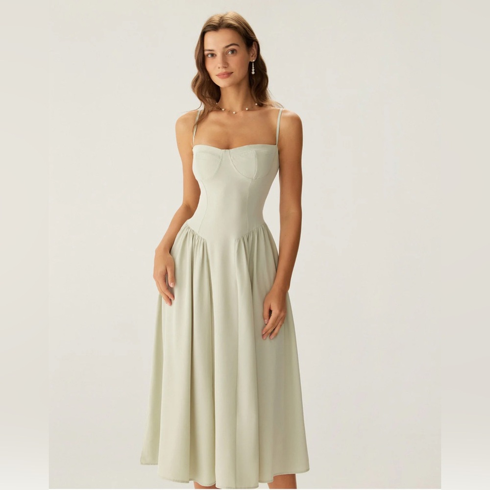 Rihoas Green Square Neck Pocket Slip Midi Dress
